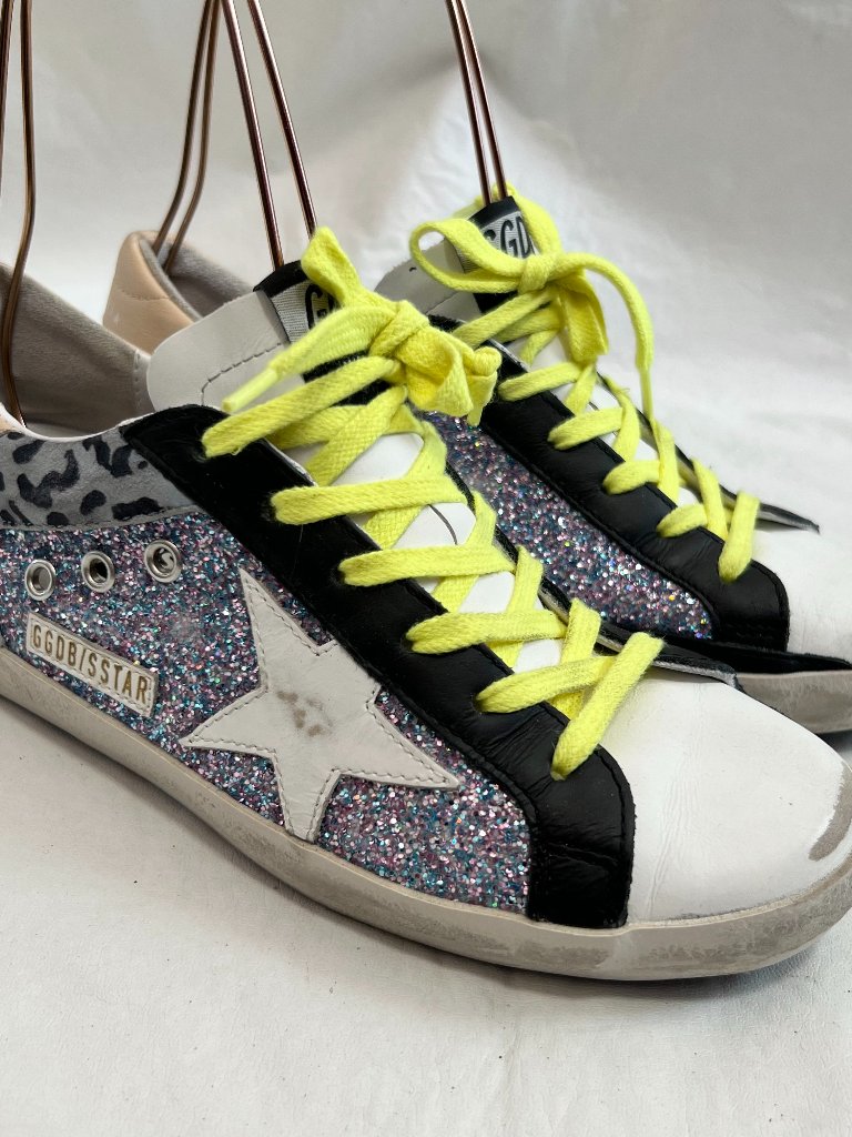 Golden Goose Superstar Sneakers 38 Glitter Leopard Print Yellow Laces White